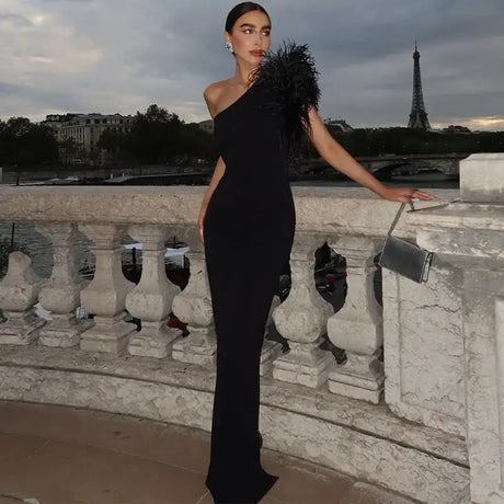 BWQ Black Sleeveless One Shoulder Feather Maxi Dress For Women Bodycon Sexy Party Elegant Long Dress Birthday Evening Outfit - Lootquake