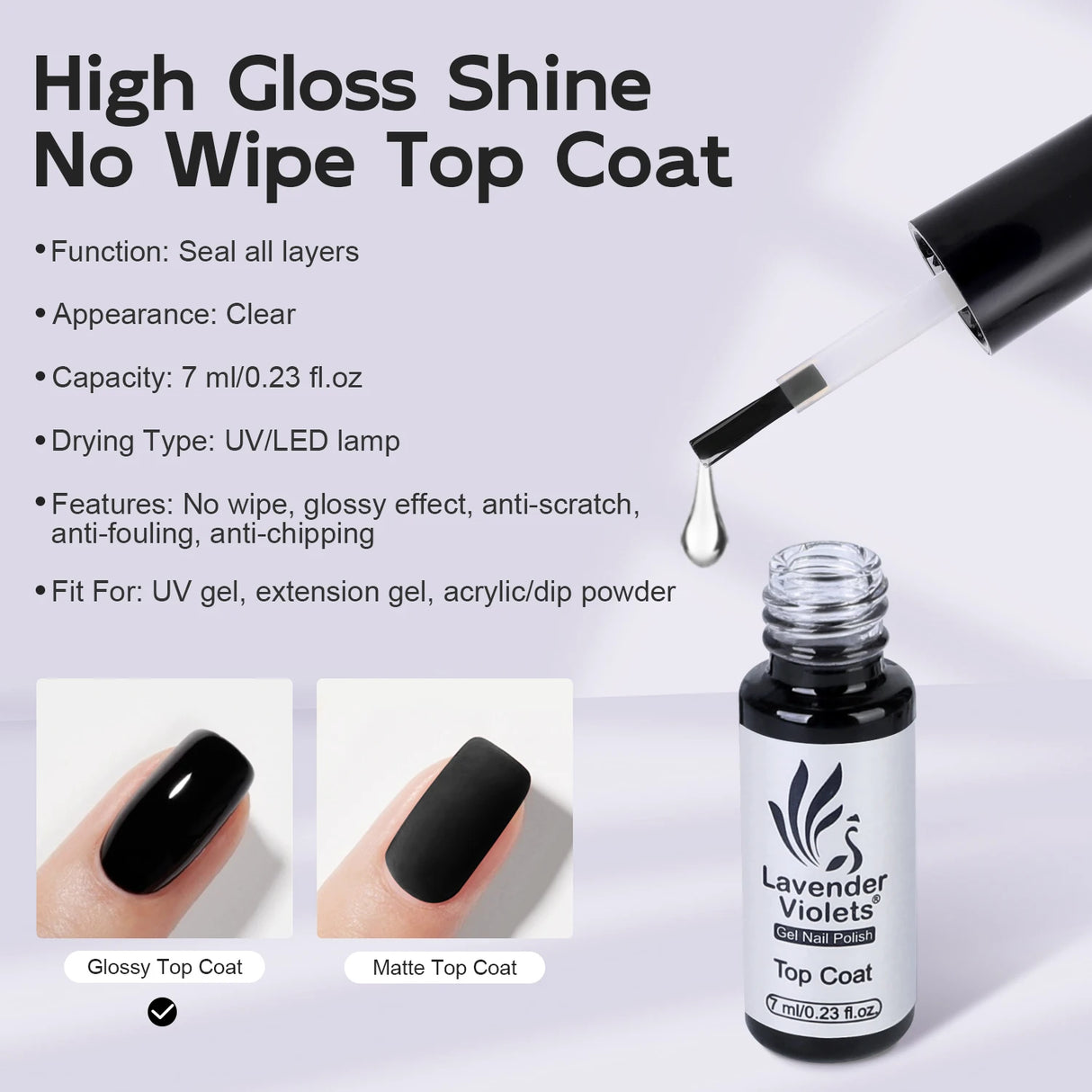 7ml No Wipe Glossy Top Coat, High Glossy Shine Effect Soak Off Gel Nail Polish Long Lasting for Salon Home DIY Manicure Nail Art