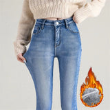 Women Thermal Jeans Winter Snow Warm Plush Stretch Jeans Lady Skinny Thicken Fleece Denim Long Pants Retro Blue Pencil Trousers - Lootquake
