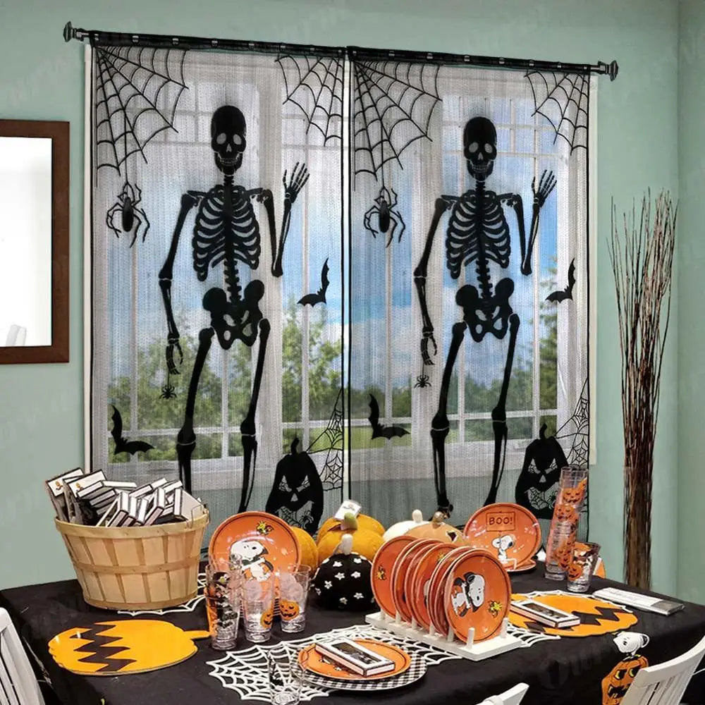 Halloween Window Decorations Halloween Door Curtain Skeleton & Bat Black Lace Panel for Haunted House Decor