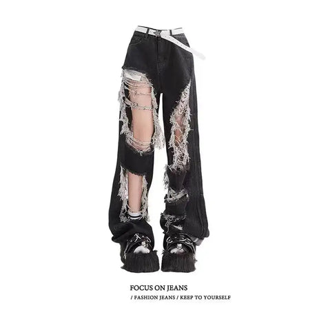 Women's Gothic Black Jeans High Waist Vintage Korean Fashion Y2k Streetwear Ripped Pants Harajuku Casual Wide Leg Denim Trousers - Lootquake
