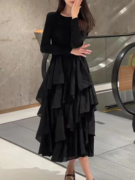 LANMREM Elegant Pleated Long Dress For Women Round Neck Long Sleeves Ruffles A-line Dresses Fashion 2025 Spring New 32C2026 - Lootquake