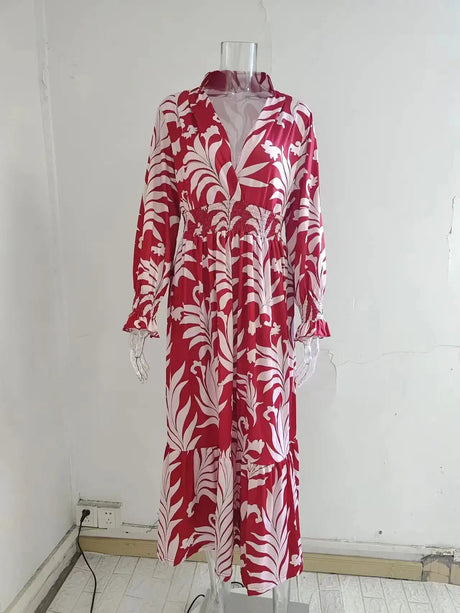 Europe And America Cross Border Autumn/Winter New Long Dress with Waist Pullover And Bohemian Print Long Sleeve Large Swing - Lootquake