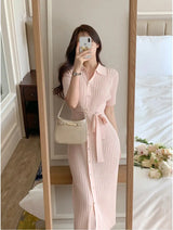 Elegant Summer Sweet Sle Turn-down Collar Single-button Thin Ice Silk Short-sleeve Knitted Long Dress Women's Fashion - Lootquake