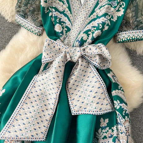 Summer Bohemian Paisley Print Long Dress Women V-Neck Short Puff Sleeve Vintage Print Bandage Lace Up Robe Vestidos Clothes 6237 - Lootquake