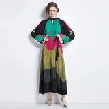 Spring Holiday Print Long Dress For Women Fashion Loose Lantern Sleeve Party Robe Female Big Swing Tassels Belt Pleated Clothes