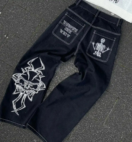 Y2K Pocket Fashion Embroidery Street Harajuku Gothic Retro High Waisted Loose Casual Jeans American Hip-hop Wide Leg Pants - Lootquake