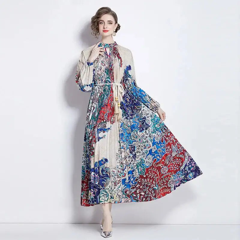 Spring Holiday Print Long Dress For Women Fashion Loose Lantern Sleeve Party Robe Female Big Swing Tassels Belt Pleated Clothes