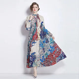 Spring Holiday Print Long Dress For Women Fashion Loose Lantern Sleeve Party Robe Female Big Swing Tassels Belt Pleated Clothes