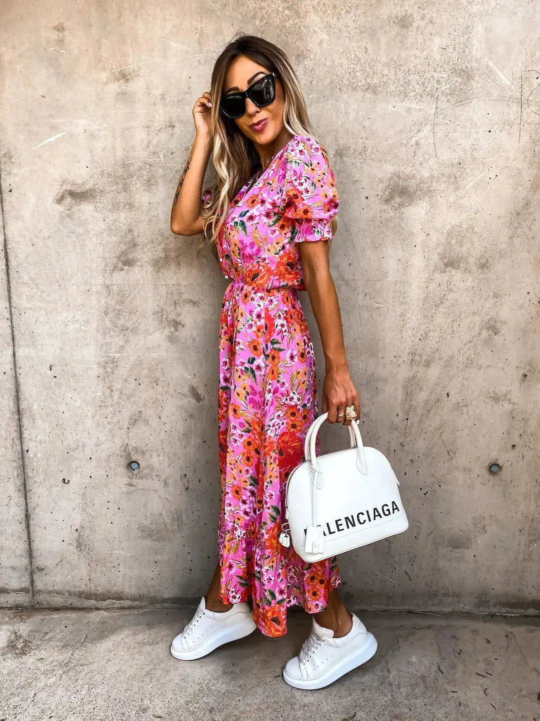 Vestido de verano con estampado floral para mujer, cuello en V, abertura lateral, largo, elegante, manga corta, botones, ajustado, para fiesta de primavera