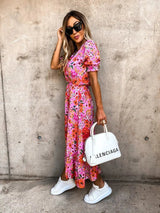 Vestido de verano con estampado floral para mujer, cuello en V, abertura lateral, largo, elegante, manga corta, botones, ajustado, para fiesta de primavera