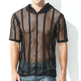 Men Mesh Shirt Transparent Long Sleeve Men Clothing Sexy Solid Party Nightclub Hooded Tops - Lootquake