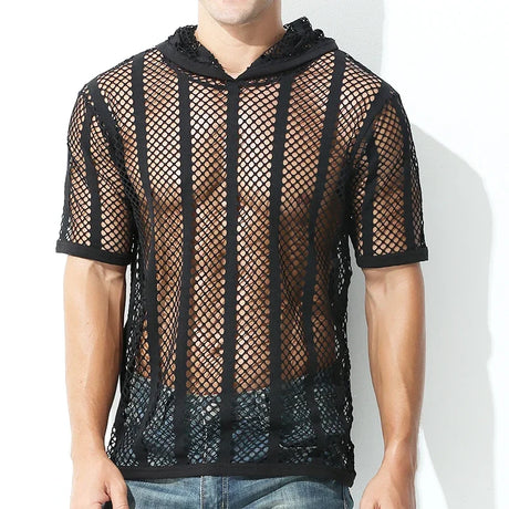 Men Mesh Shirt Transparent Long Sleeve Men Clothing Sexy Solid Party Nightclub Hooded Tops - Lootquake
