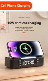 Enceinte Bluetooth portable avec chargement sans fil, lumière d'ambiance, fonction réveil, double haut-parleur, chargement USB