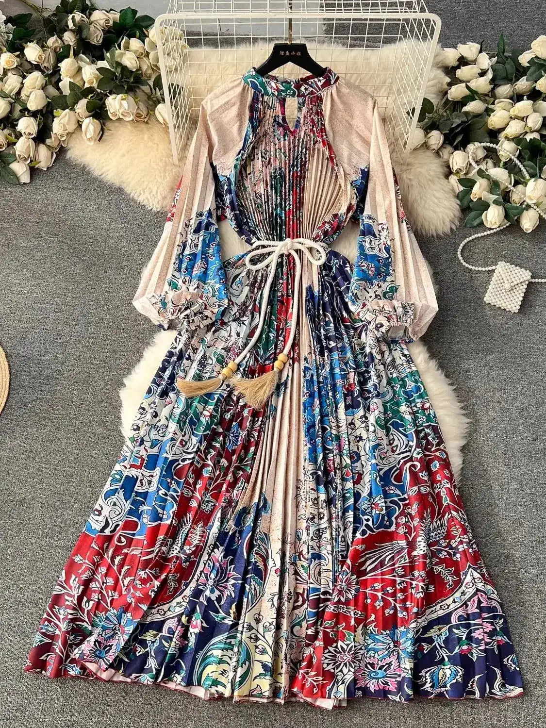 Spring Holiday Print Long Dress For Women Fashion Loose Lantern Sleeve Party Robe Female Big Swing Tassels Belt Pleated Clothes