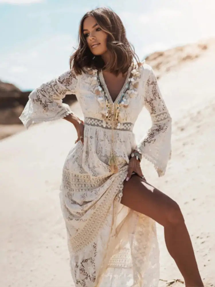 Vestido largo bohemio de verano para mujer, con encaje, cuello en V, mangas acampanadas, sexy, para fiesta, playa, boda