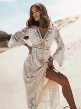 Vestido largo bohemio de verano para mujer, con encaje, cuello en V, mangas acampanadas, sexy, para fiesta, playa, boda