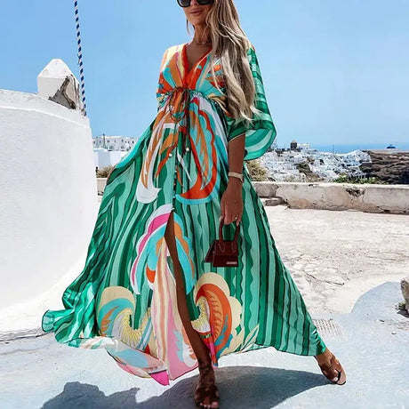 2023 Women Gorgeous Boho Print Maxi Beach Dress Summer Deep V Slit Elastic Waist Party Dress Elegant Holiday Long Dress Vestidos - Lootquake