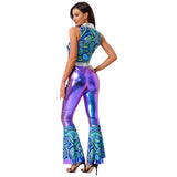 Womens Halloween Retro Hippie Cosplay Costume Party Hip-hop Dance Costume Metallic Shiny Vintage Carnival Bodysuit Jumpsuit