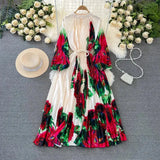 Spring Holiday Print Long Dress For Women Fashion Loose Lantern Sleeve Party Robe Female Big Swing Tassels Belt Pleated Clothes - Lootquake