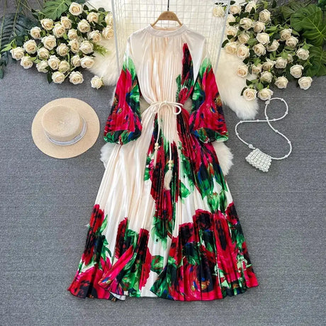 Spring Holiday Print Long Dress For Women Fashion Loose Lantern Sleeve Party Robe Female Big Swing Tassels Belt Pleated Clothes - Lootquake