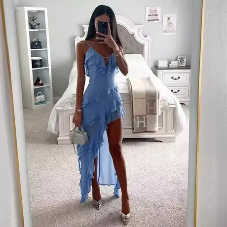 2025 Summer Women Long Dress Blue Solid V-neck Backless Irregular Sexy Slip Dresses Female Fashion Holiday Beach Clothes Ladies - Lootquake