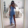 2025 Summer Women Long Dress Blue Solid V-neck Backless Irregular Sexy Slip Dresses Female Fashion Holiday Beach Clothes Ladies - Lootquake