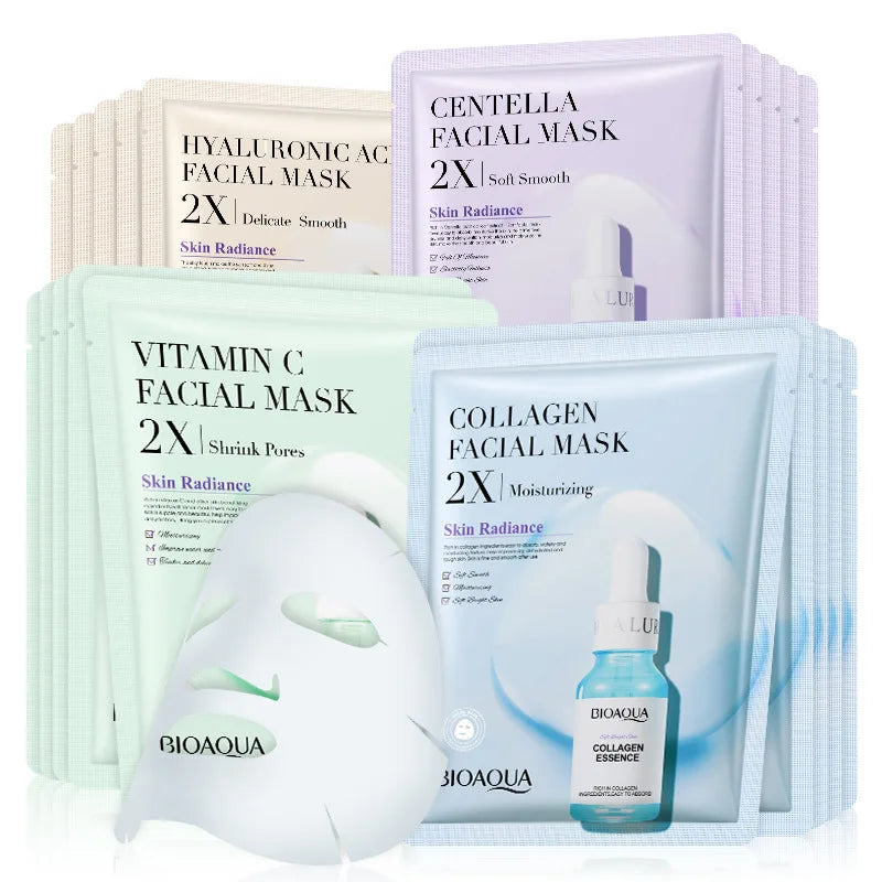 20 mascarillas faciales BIOAQUA Centella con colágeno, hidratantes y refrescantes, con ácido hialurónico, para el cuidado de la piel.