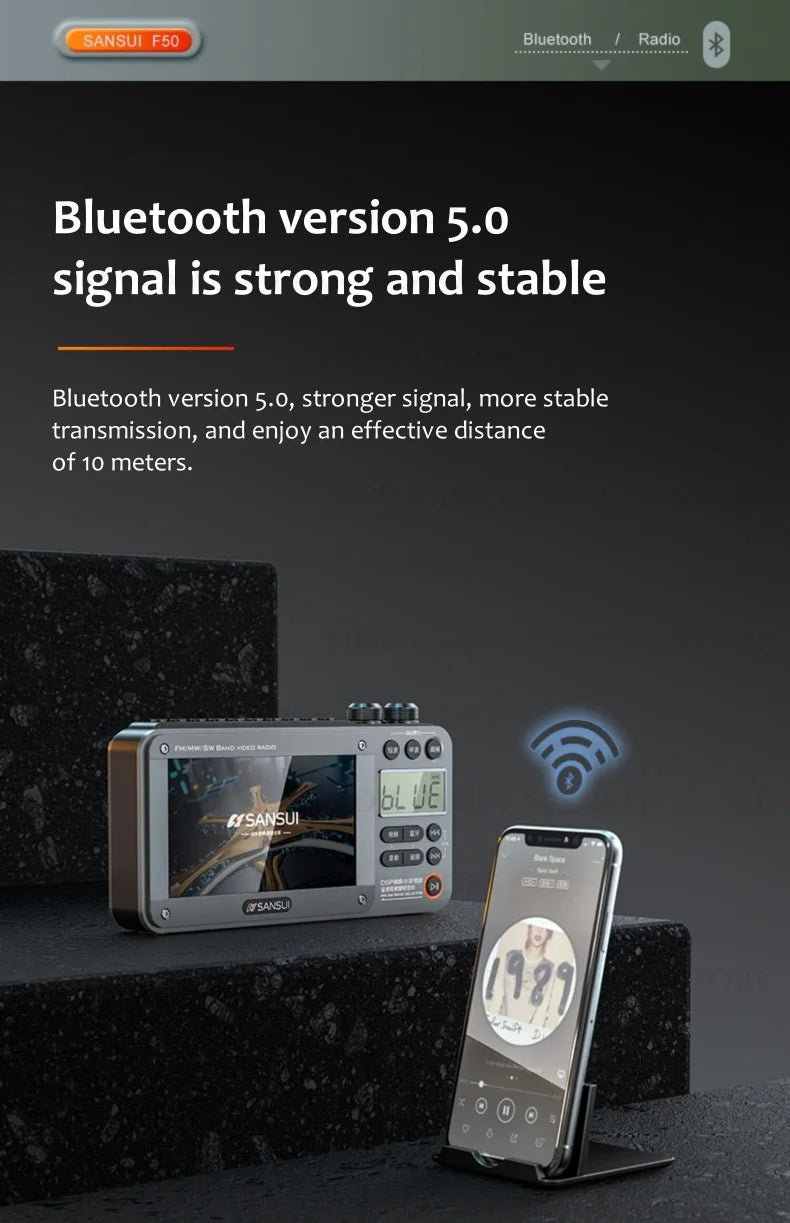 Enceintes Bluetooth sans fil SANSUI, radio pleine bande, lecteur vidéo LED HD, baladeur MP4 portable, batterie rechargeable intégrée