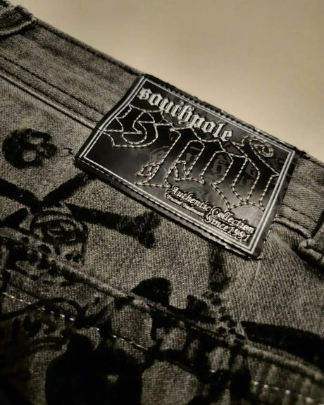 2023 New American Harajuku retro skull print straight high waist Y2K women's washed grey jeans Streetwear Gothic wide trousers - Lootquake