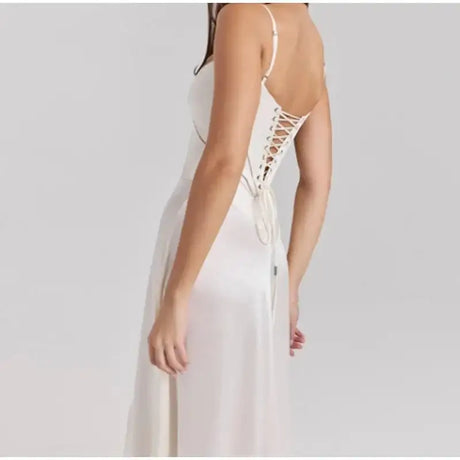 Women's Solid Sexy Satin Lace Up Backless Long Dress Elegant High Waist Square Neck Slim Sling Dresses 2025 Female Beach Robes - Lootquake