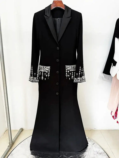 HIGH STREET Newest 2025 Designer Fashion Women's Long Sleeve Notched Collar Rhinestone Diamonds Beading Maxi Long Dress - Lootquake