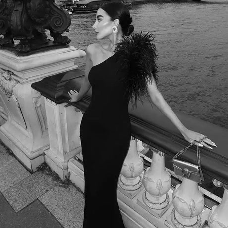 BWQ Black Sleeveless One Shoulder Feather Maxi Dress For Women Bodycon Sexy Party Elegant Long Dress Birthday Evening Outfit - Lootquake