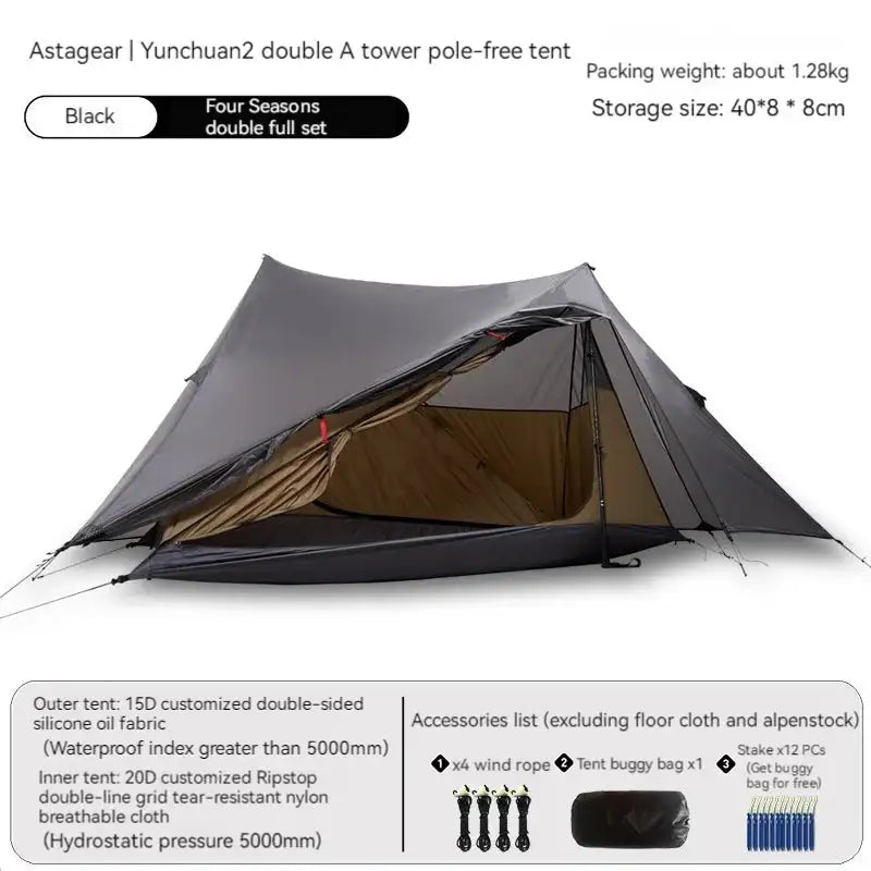 Tienda de campaña para acampar y hacer senderismo al aire libre, sin varillas, de nailon 15D, con pirámide doble A y revestimiento de silicona de doble cara, ASTA GEAR Yun Chuan