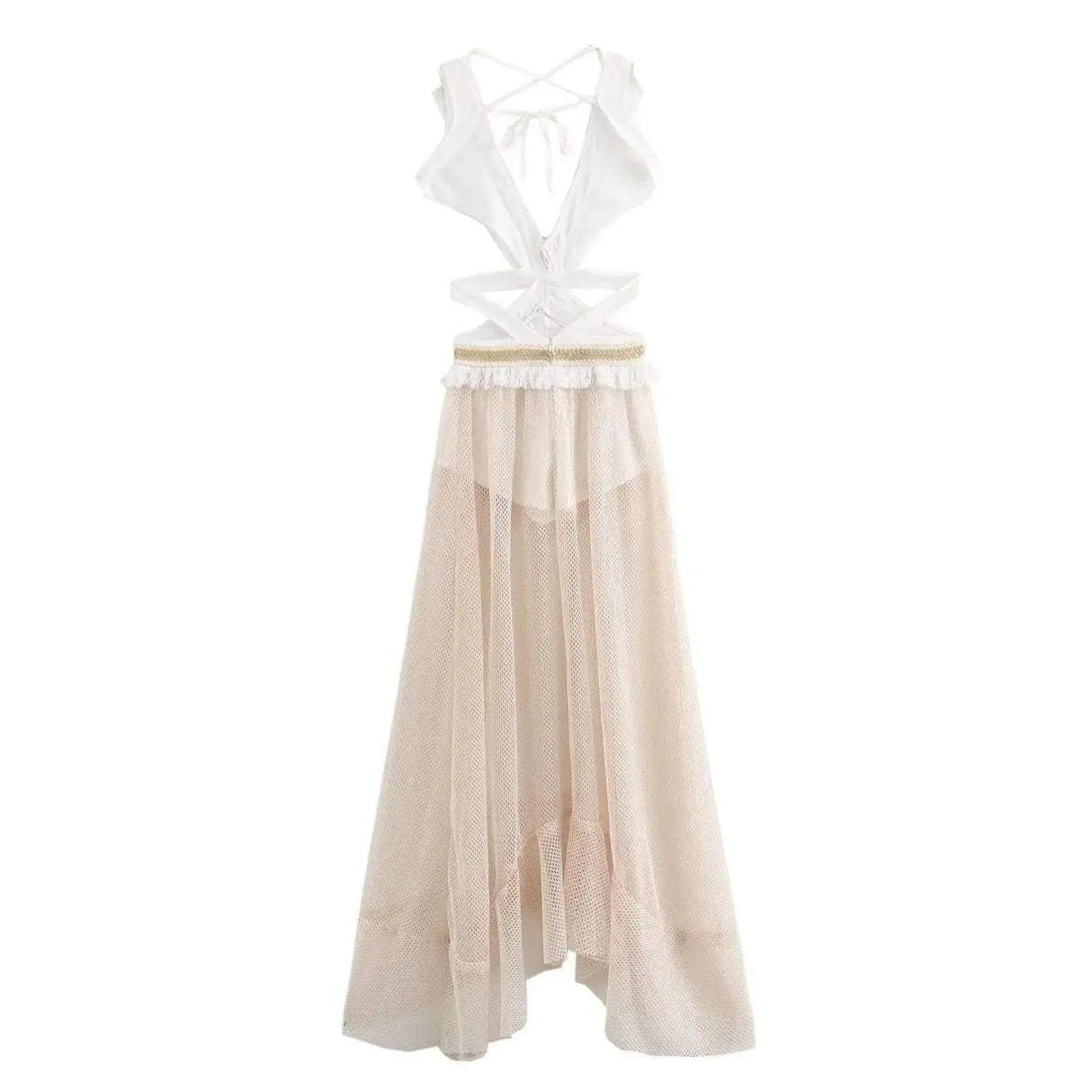 2024 Summer Beach Party Robes Women Fashion Deep V Neck Sleevelss See Through Dresses Sexy Printed Tassels Patchwork Long Dress - Lootquake