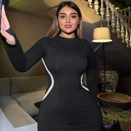 Hawthaw Women 2023 Autumn Winter Long Sleeve Party Club Streetwear Bodycon Black Long Dress Wholesale Items For Business - Lootquake
