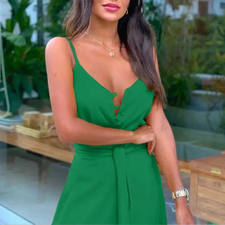 Elegant and Sexy Summer Women's V-neck Beach Dress with High Waist Waist Waist Waist Belt and Sling Long Dress for Party - Lootquake