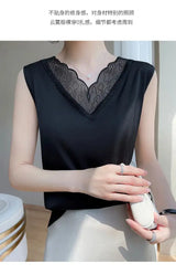 Nueva ropa de mujer, chaleco, camiseta sin mangas, traje de mujer, forro de encaje, verano 2024, nuevo top sin mangas de satén de seda, chalecos con tirantes
