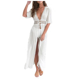 Summer Sexy Hollow Out Beach Tunic Pareo White V Neck Cover Up Long Dress Bikini Cover Up  Swimwear Bathing Suit Beachwear - Lootquake