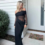 BOOFEENAA See Through Mesh Patchwork Black Long Dress Fall 2024 Sexy Elegant Off Shoulder Long Sleeve Cutout Dresses C66-EZ33 - Lootquake