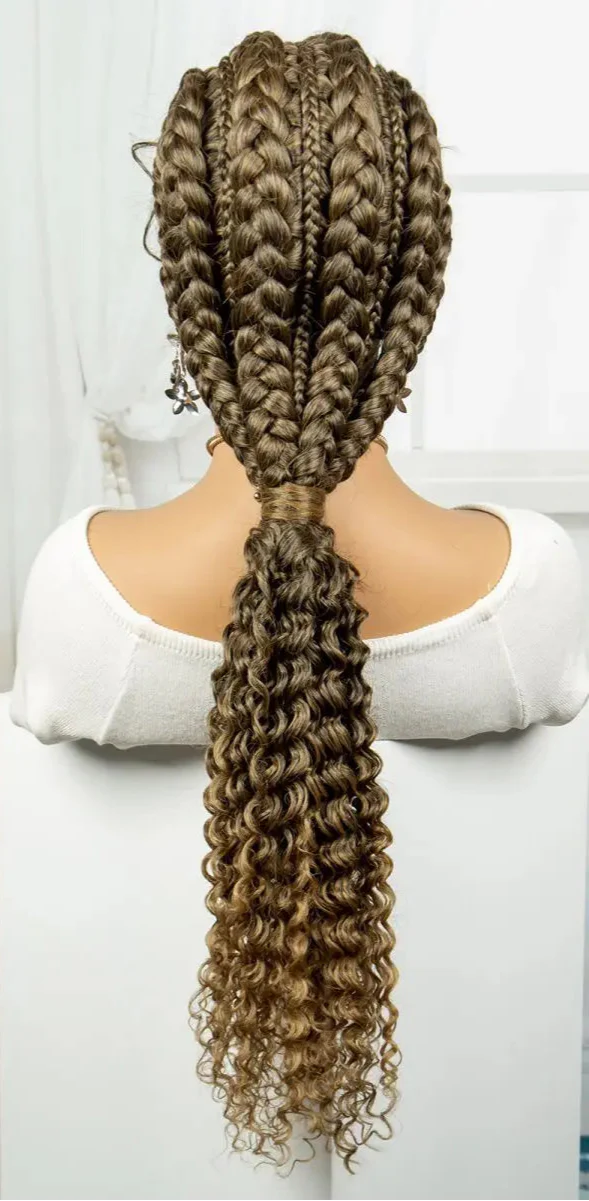 28" Knotless Cornrow Braids Wig with Curly Ends | Transparent Lace Front | Baby Hair