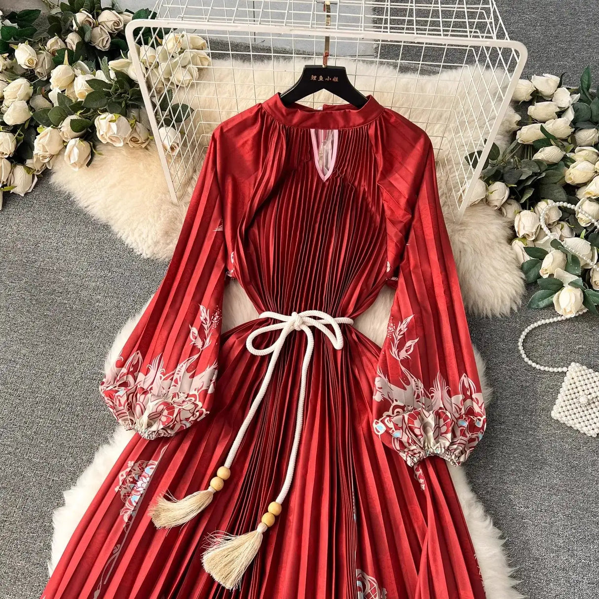 Spring Holiday Print Long Dress For Women Fashion Loose Lantern Sleeve Party Robe Female Big Swing Tassels Belt Pleated Clothes