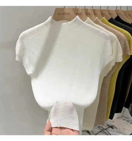 Half High Collar T-shirts Flying Sleeve Design Slim Knitted Sleeveless Top Women Simple Comfortable White T-shirts Summer 2025 - Lootquake