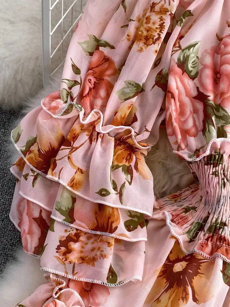 Summer New Off Shoulder  Wrap Waist to Show Thin A-line Fragmented Cake Dress Women's Beach Vacation Chiffon Long Dress GD820 - Lootquake