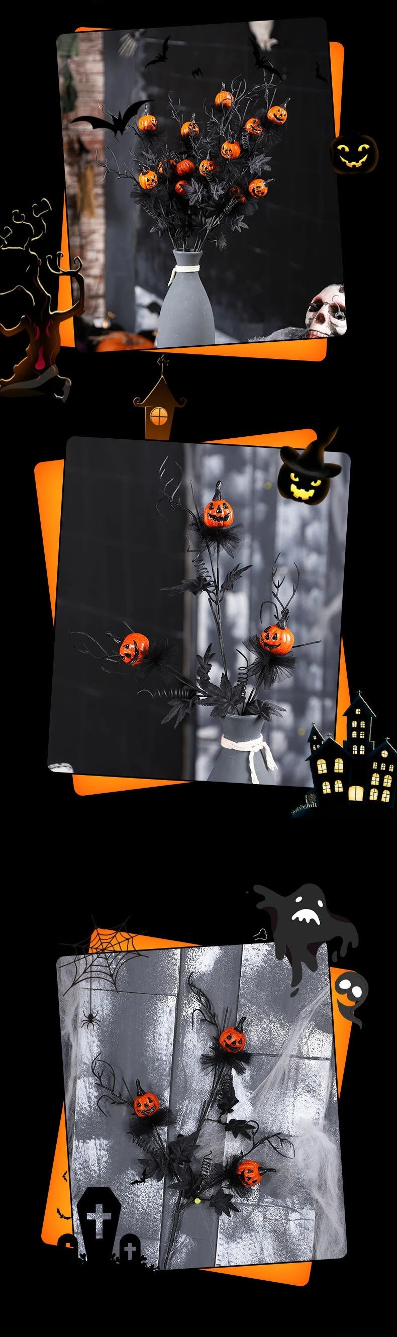 2025 Halloween Decoration Flower Black Terrifying Pumpkin Head Bouquet For Teapoy Dining Table Fireplace Home Party Decor Props