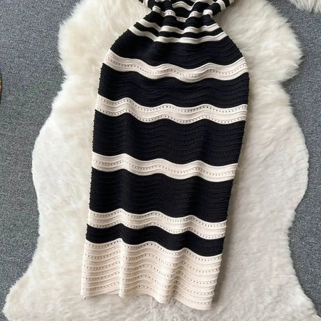 Short Sleeves Striped Long Dress Lapel Neck Hollow Out Slim Bodycon Sundress Fashion Hotsweet Knitted Beach Midi Dress - Lootquake
