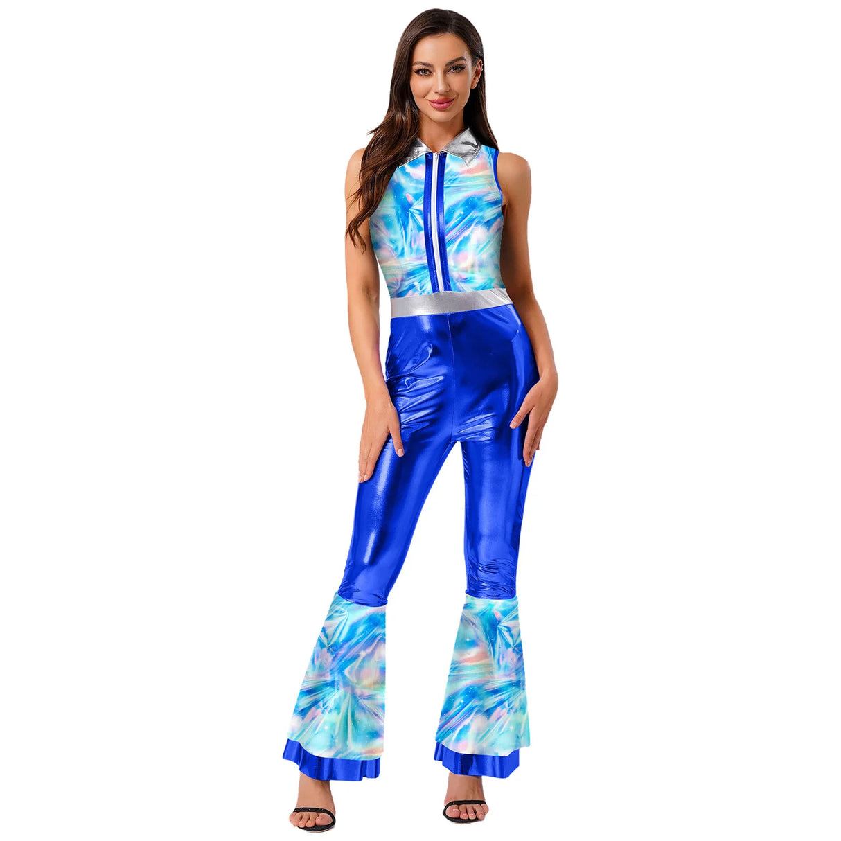 Womens Halloween Retro Hippie Cosplay Costume Party Hip-hop Dance Costume Metallic Shiny Vintage Carnival Bodysuit Jumpsuit