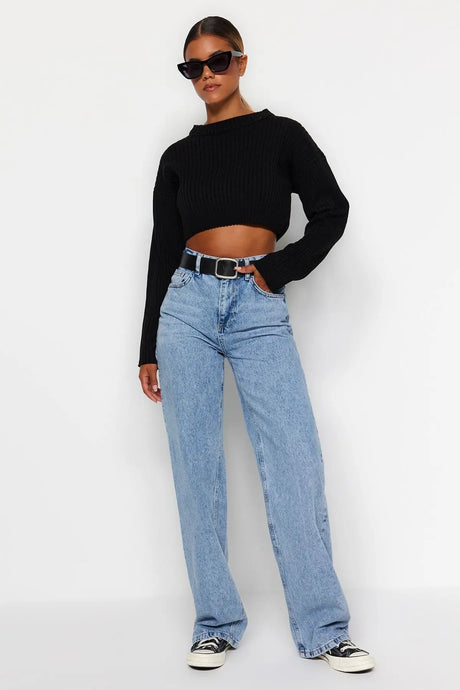 Trendyol TYZA Women's Jeans Casual Beltless Wide Leg Denim Plain Jeans Wide Leg Casual Pants Denim Pants - Lootquake
