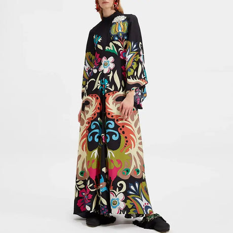 Ethnic Retro Spring Print Boho Long Dress Women Sexy Stand Collar Lace-up Party Dress Fall Long Sleeve Loose Ladies Maxi Dresses - Lootquake