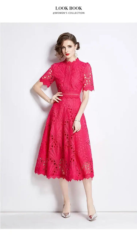 SMTHMA Vintage High-End O-Neck Short Sleeve Lace Hollow Out Dress For Women's Summer Slim Elegant Long Dress Female Clothing - Lootquake